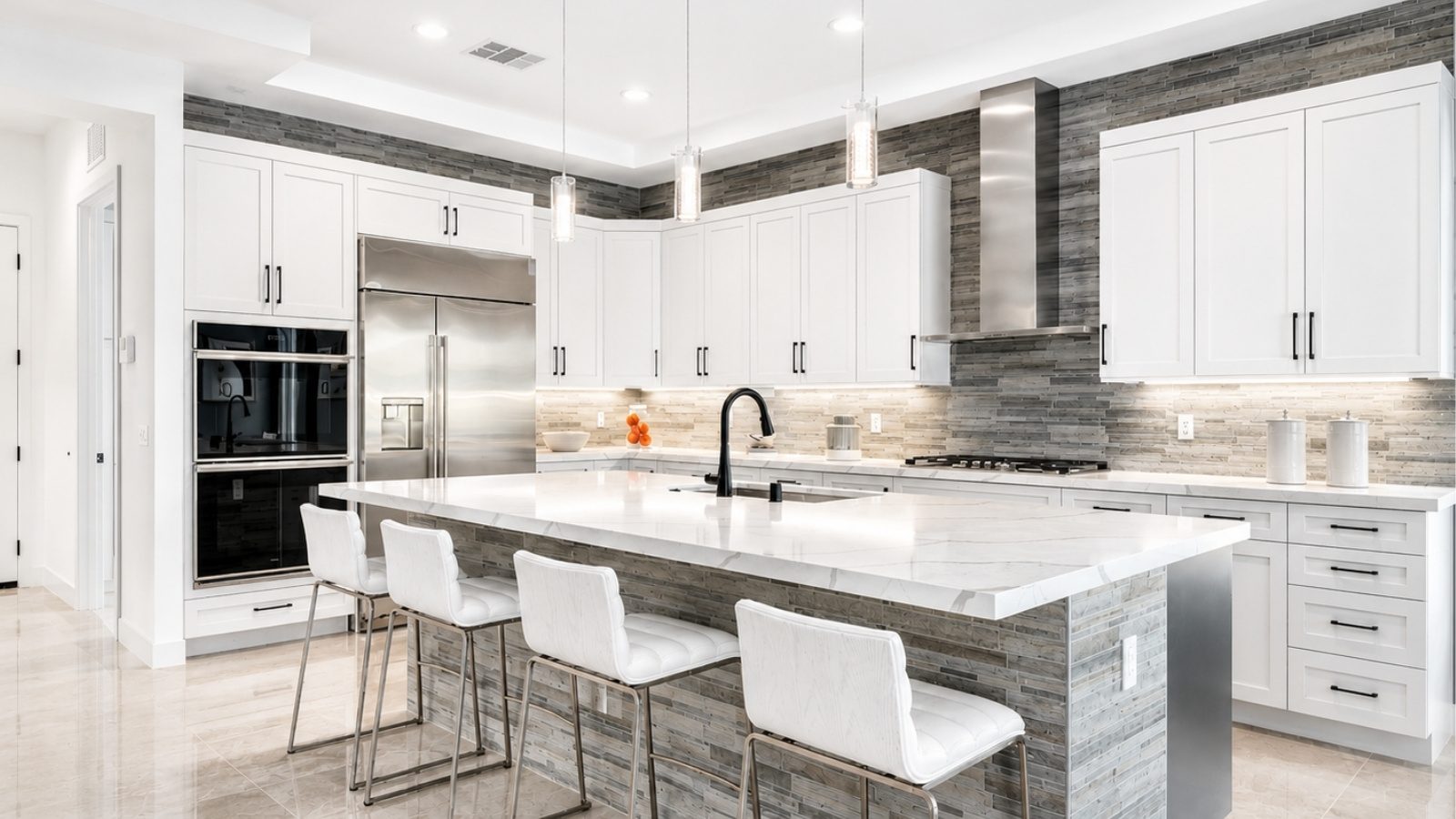Renovated white and grey luxury kitchen in the Coachella Valley